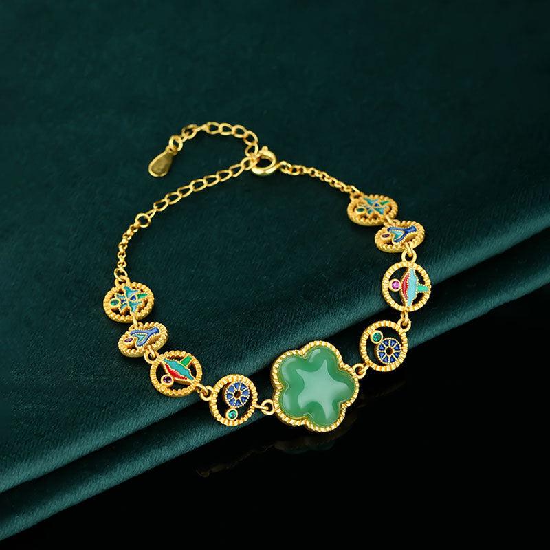 Pentagram - Court Style Gold-Plated Enameled Jade Inlay Bracelet