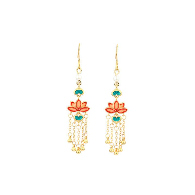 Lotus Flower - Chinese Enameled Gold-Plated Tassel Earrings