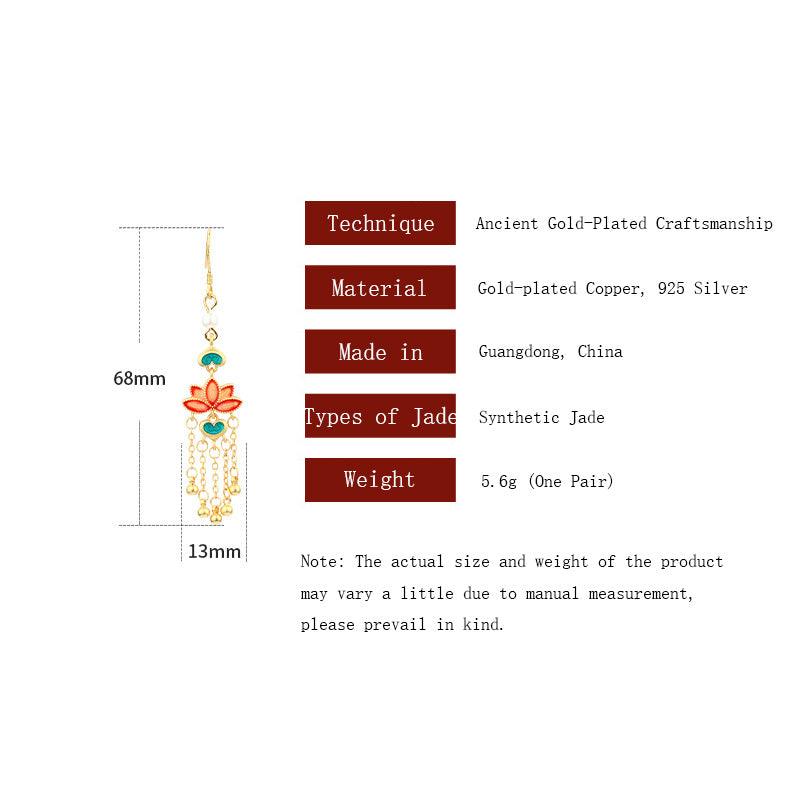 Lotus Flower - Chinese Enameled Gold-Plated Tassel Earrings