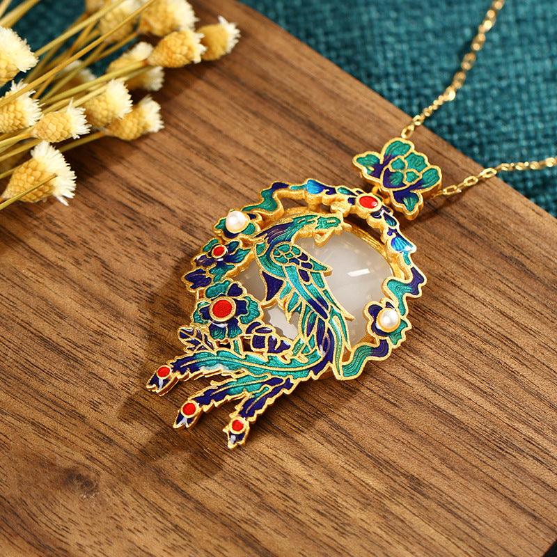 Phoenix - Chinese Style Gold-Plated Enameled Jade Set Necklace