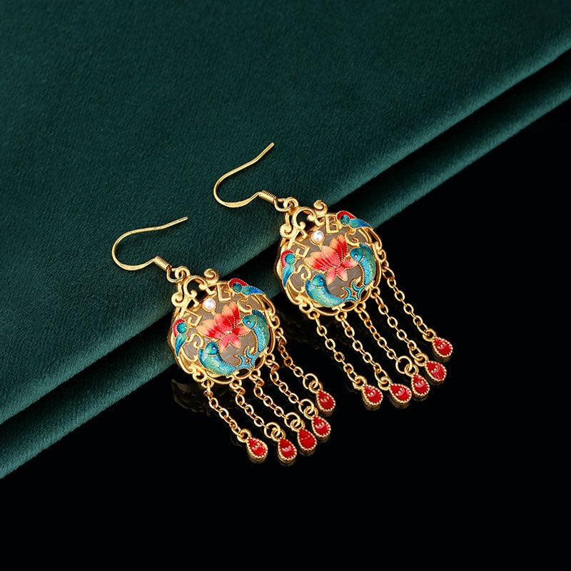 Lotus & Koi - Chinese Court Style Enamel Tassel Earrings