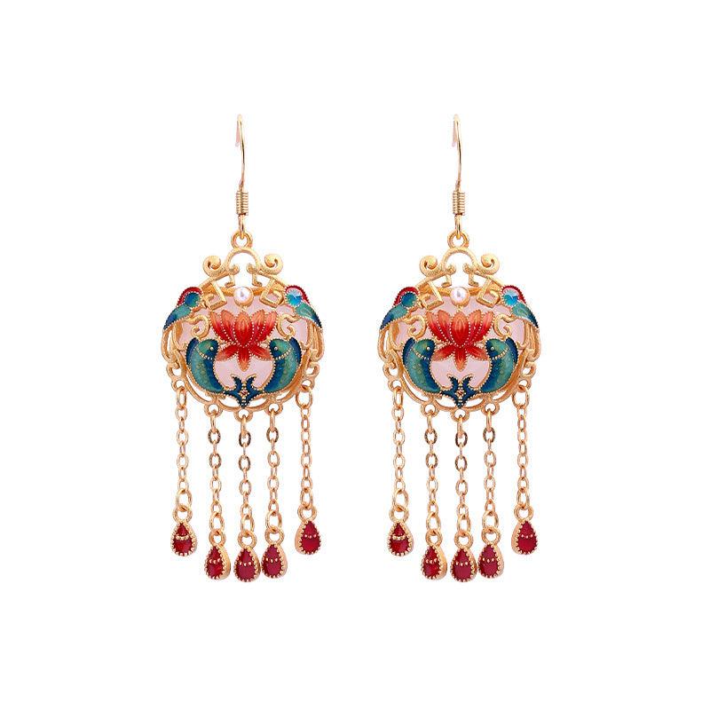 Lotus & Koi - Chinese Court Style Enamel Tassel Earrings