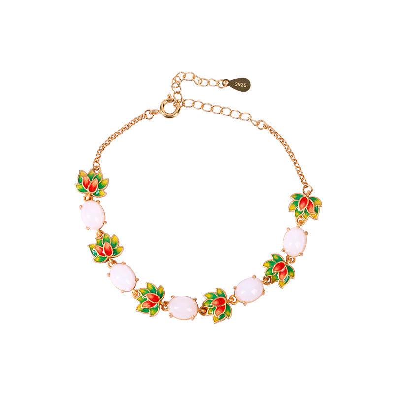 Lotus Flower - Chinese Court Style Enameled Jade Inlay Bracelet