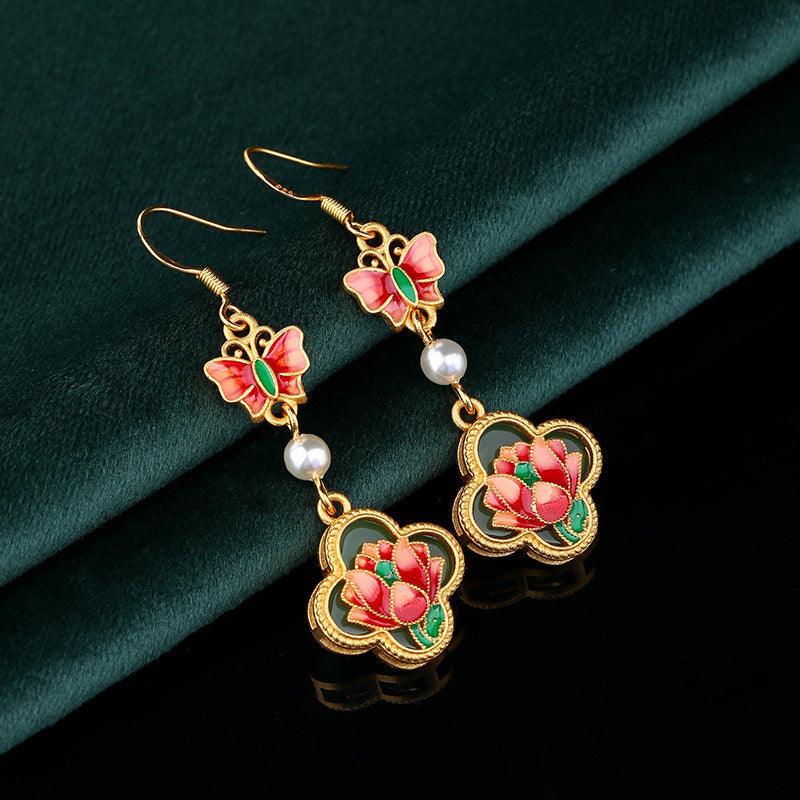Butterfly & Lotus Flower - Chinese Vintage Enamel Earrings