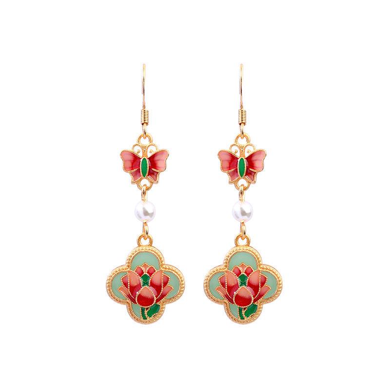 Butterfly & Lotus Flower - Chinese Vintage Enamel Earrings