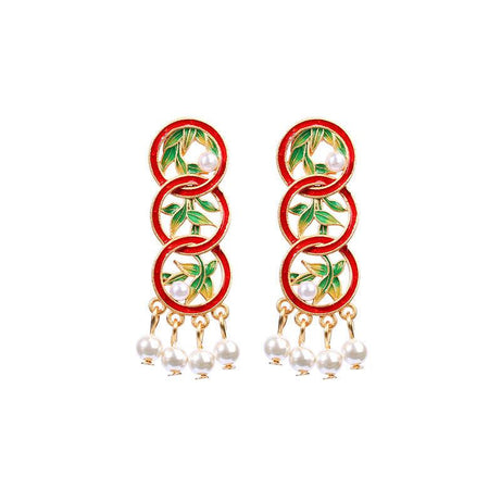 Bamboo Leaves - Chinese Ethnic Style Enameled Vintage Pearl Long Earrings