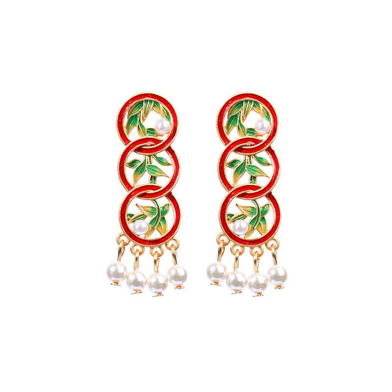 Bamboo Leaves - Chinese Ethnic Style Enameled Vintage Pearl Long Earrings