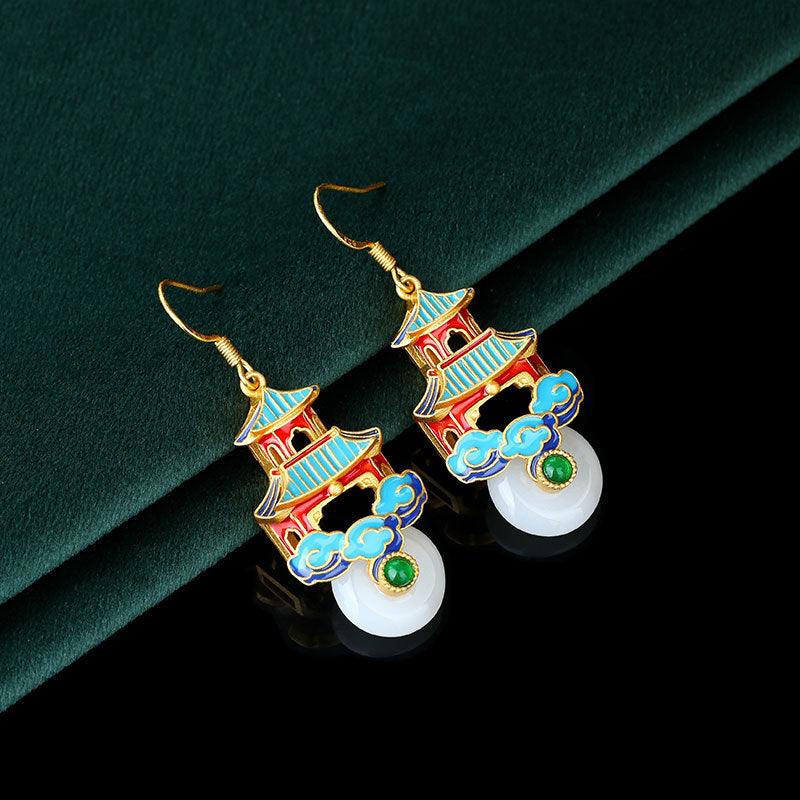 Bejeweled Jade Palace - Chinese Cloisonné Auspicious Cloud Peace Buckle Ancient Style Earrings