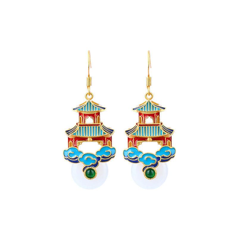 Bejeweled Jade Palace - Chinese Cloisonné Auspicious Cloud Peace Buckle Ancient Style Earrings