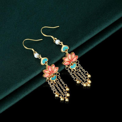 Lotus Flower - Chinese Enameled Gold-Plated Tassel Earrings