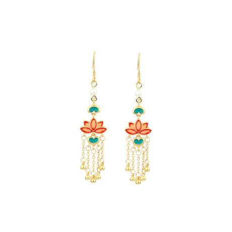 Lotus Flower - Chinese Enameled Gold-Plated Tassel Earrings