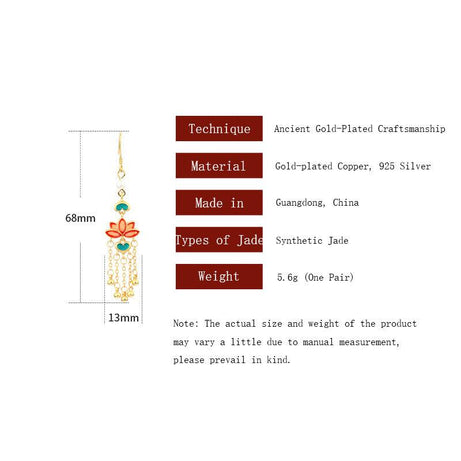 Lotus Flower - Chinese Enameled Gold-Plated Tassel Earrings