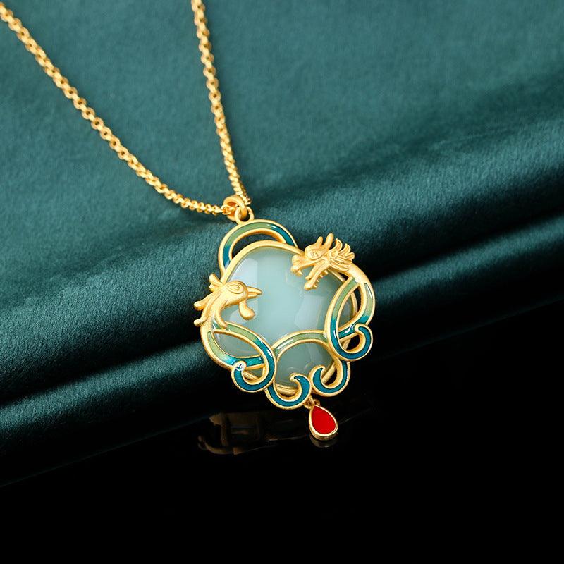 Dragon & Phoenix - Chinese Style Enameled Jade Set Necklace