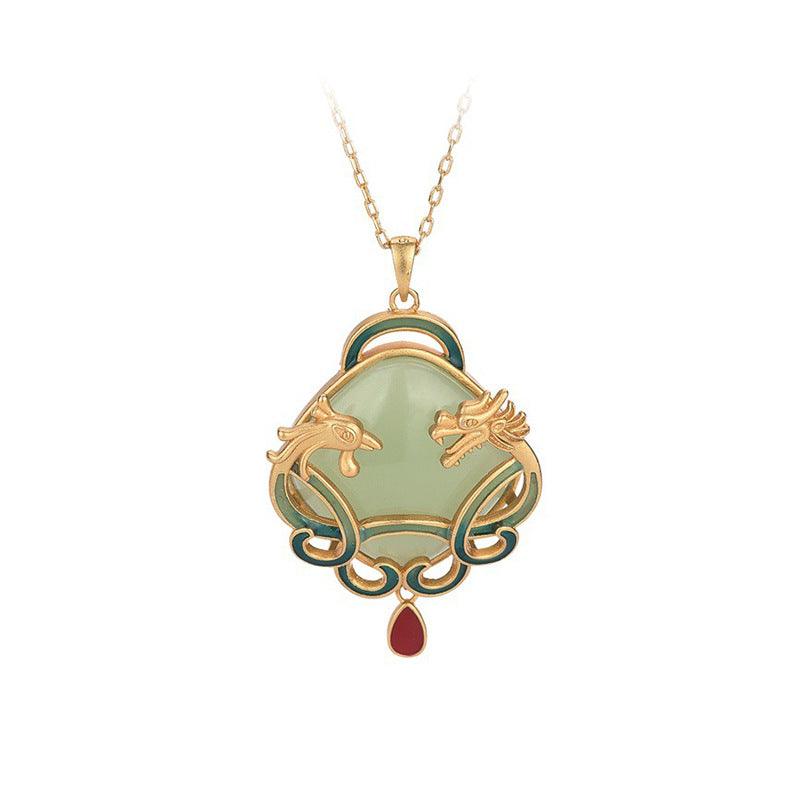 Dragon & Phoenix - Chinese Style Enameled Jade Set Necklace