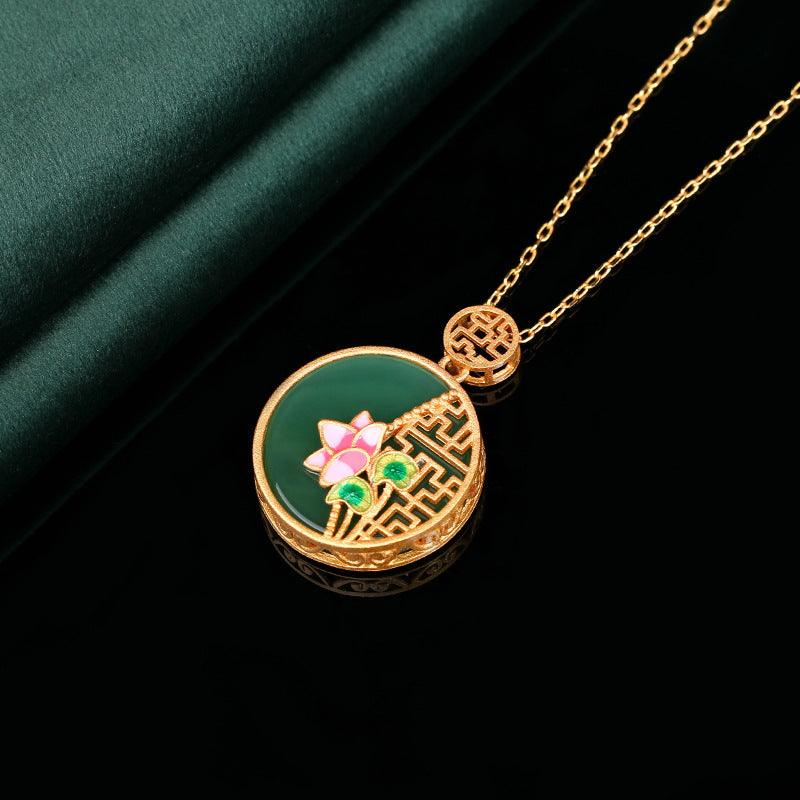 Lotus Flower - Chinese Vintage Jade Inlay Necklace