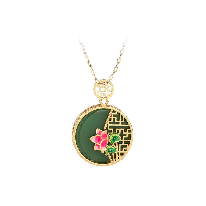 Lotus Flower - Chinese Vintage Jade Inlay Necklace