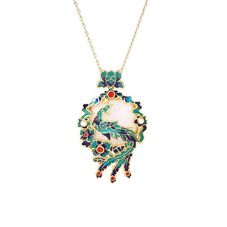 Phoenix - Chinese Style Gold-Plated Enameled Jade Set Necklace