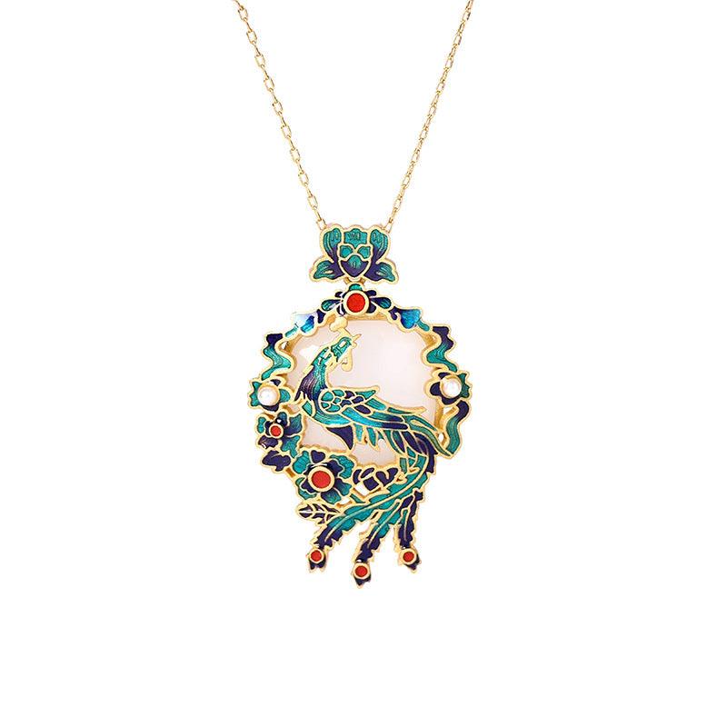 Phoenix - Chinese Style Gold-Plated Enameled Jade Set Necklace