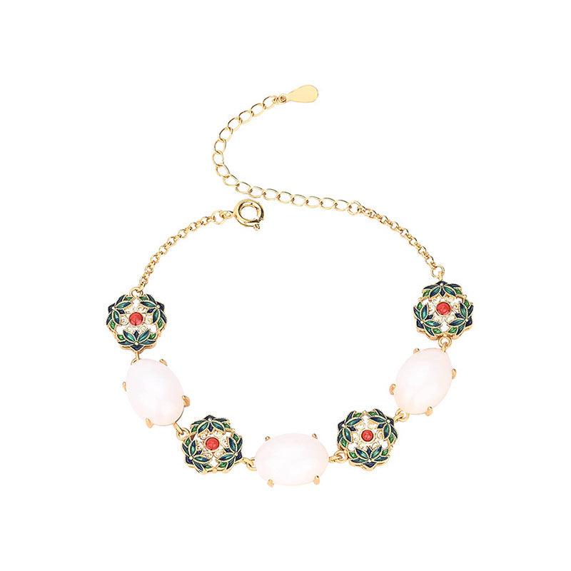 Flowers Bloom - Court Style Gold-Plated Jade Inlaid Bracelet