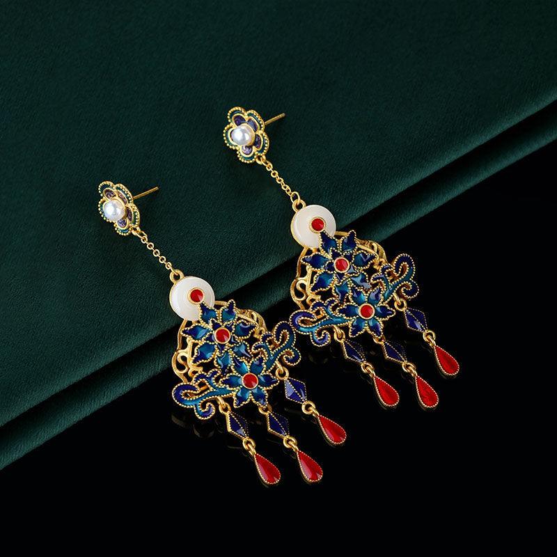 Flowers Bloom - Court Style Ancient Gold-Plated Enamel Tassel Earrings
