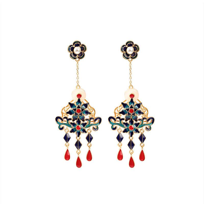 Flowers Bloom - Court Style Ancient Gold-Plated Enamel Tassel Earrings