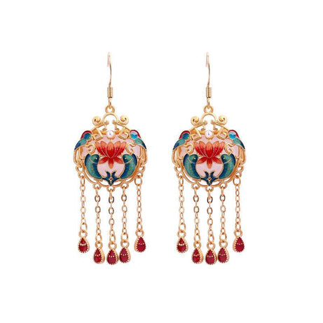 Lotus & Koi - Chinese Court Style Enamel Tassel Earrings